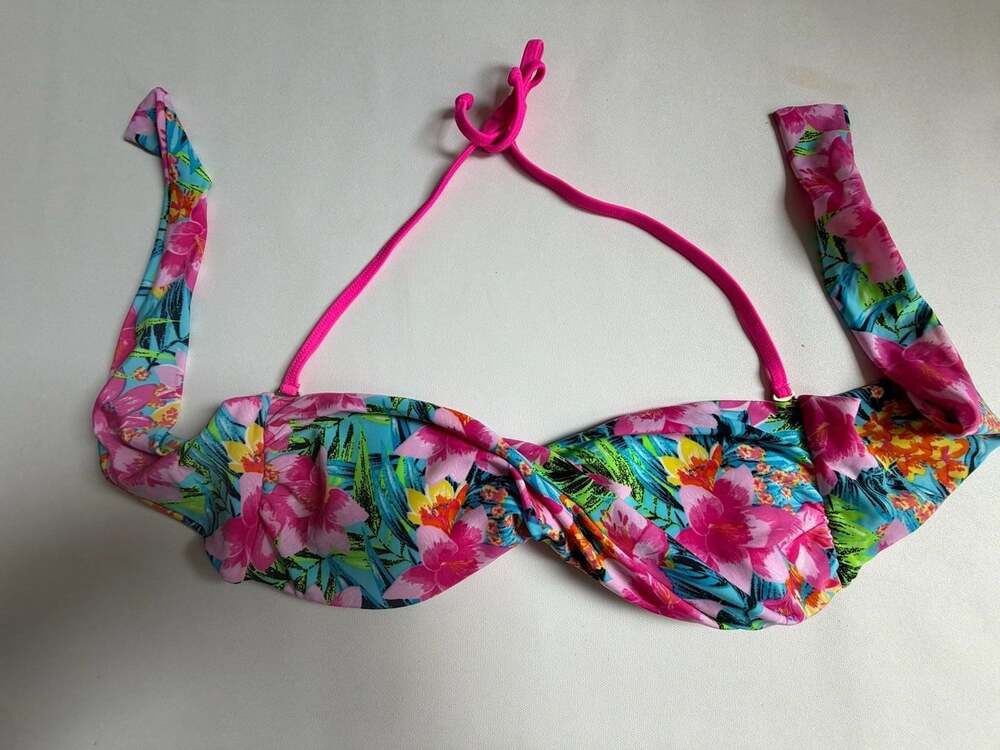 dELiAs Pink Blue Tropical Floral Twist Front Halter Bikini Swim Top L